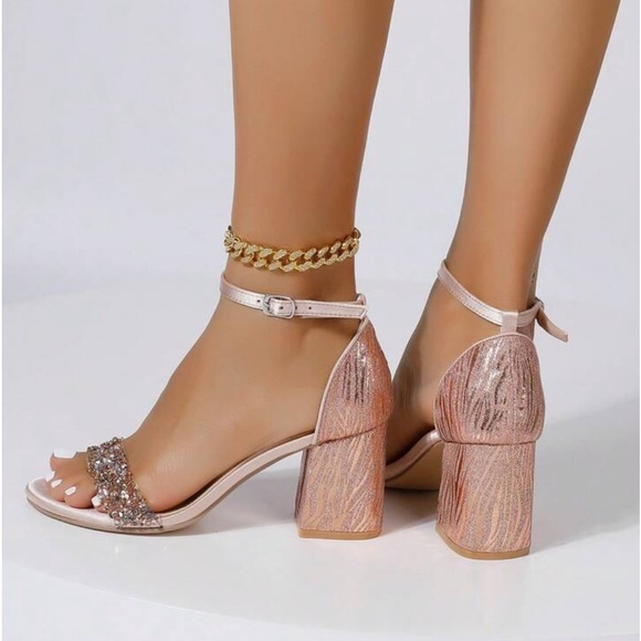 NIB Champagne Rose Gold Glitter Open Toe Chunky Mid Heel Sandals Sz 11 - Picture 4 of 5